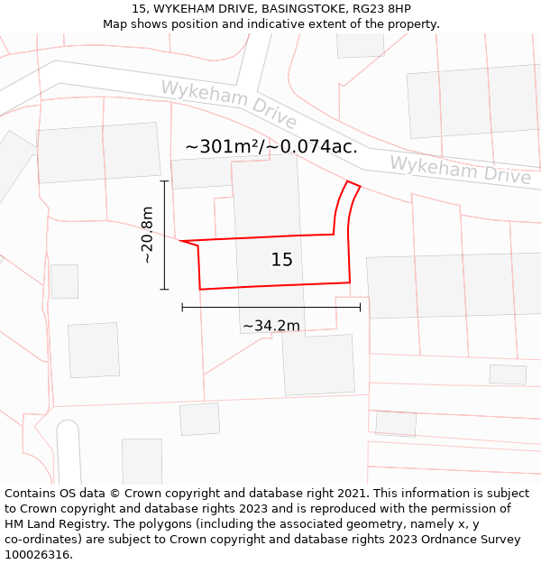 15, WYKEHAM DRIVE, BASINGSTOKE, RG23 8HP: Plot and title map