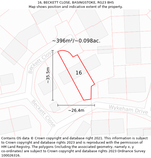 16, BECKETT CLOSE, BASINGSTOKE, RG23 8HS: Plot and title map