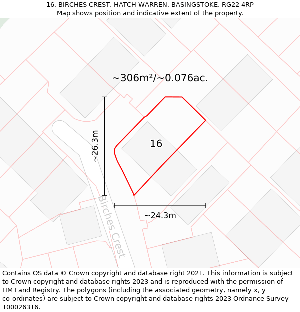 16, BIRCHES CREST, HATCH WARREN, BASINGSTOKE, RG22 4RP: Plot and title map
