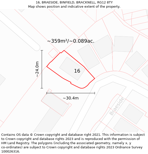 16, BRAESIDE, BINFIELD, BRACKNELL, RG12 8TY: Plot and title map