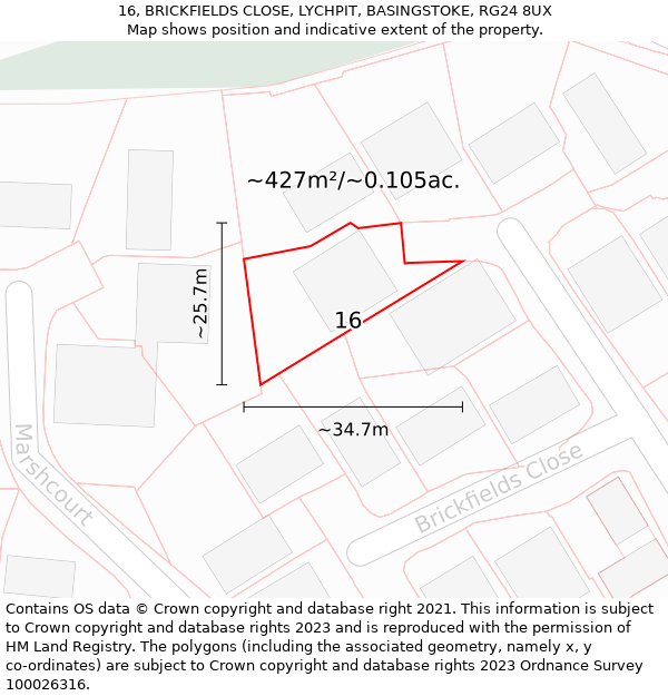 16, BRICKFIELDS CLOSE, LYCHPIT, BASINGSTOKE, RG24 8UX: Plot and title map