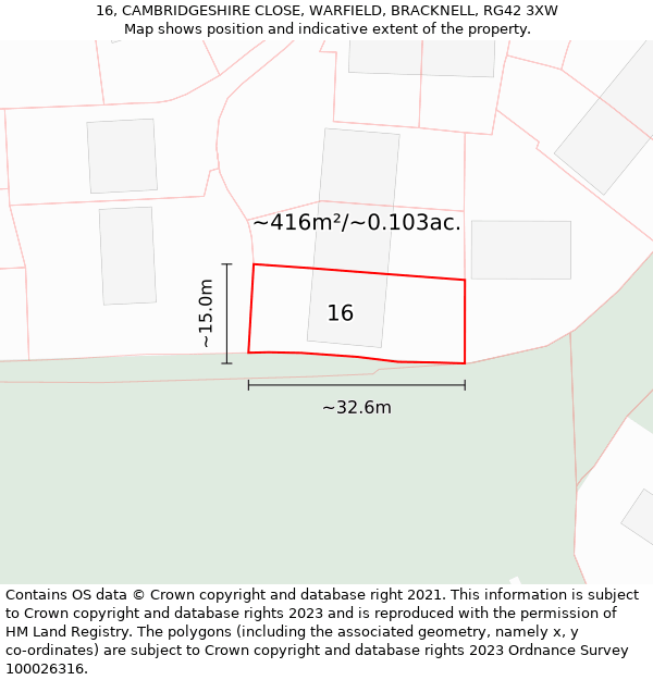 16, CAMBRIDGESHIRE CLOSE, WARFIELD, BRACKNELL, RG42 3XW: Plot and title map