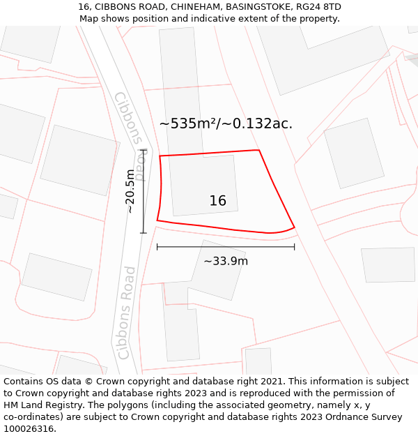 16, CIBBONS ROAD, CHINEHAM, BASINGSTOKE, RG24 8TD: Plot and title map