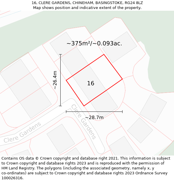 16, CLERE GARDENS, CHINEHAM, BASINGSTOKE, RG24 8LZ: Plot and title map