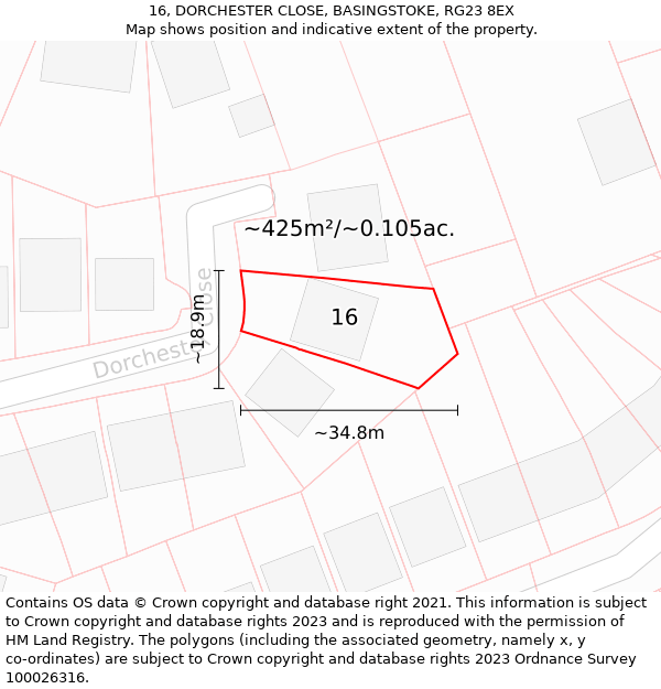 16, DORCHESTER CLOSE, BASINGSTOKE, RG23 8EX: Plot and title map