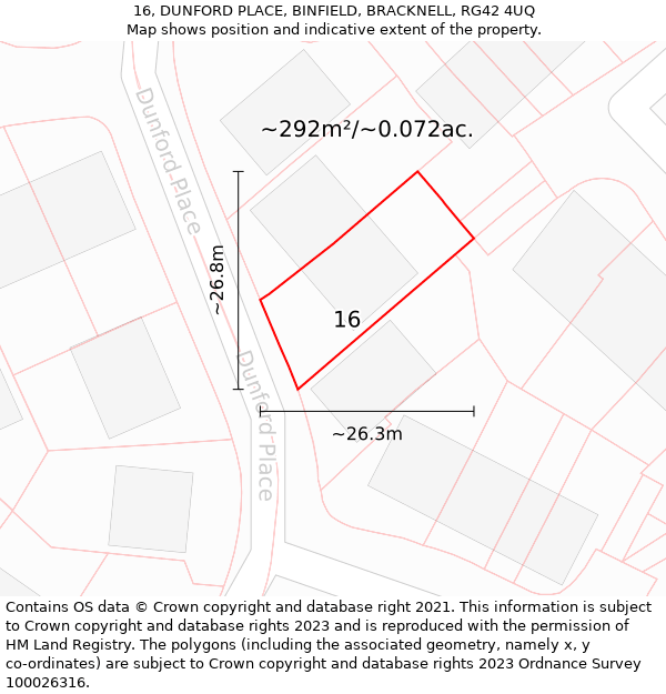 16, DUNFORD PLACE, BINFIELD, BRACKNELL, RG42 4UQ: Plot and title map