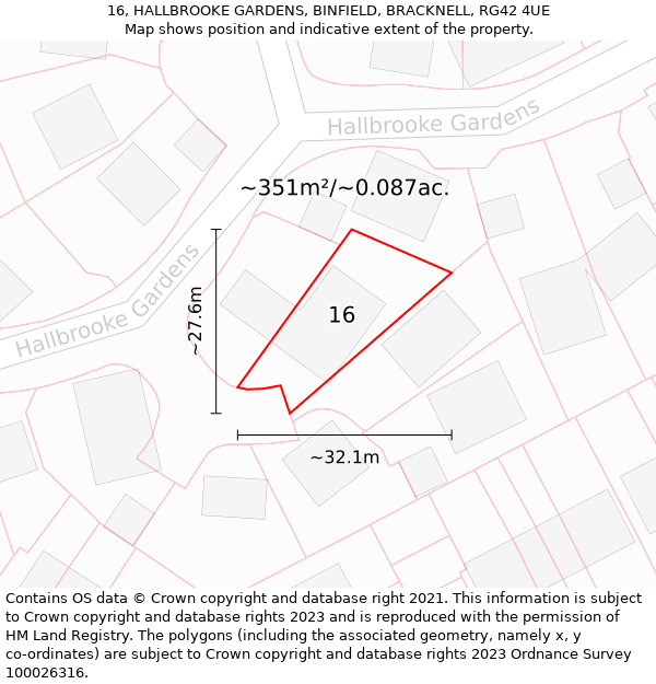 16, HALLBROOKE GARDENS, BINFIELD, BRACKNELL, RG42 4UE: Plot and title map