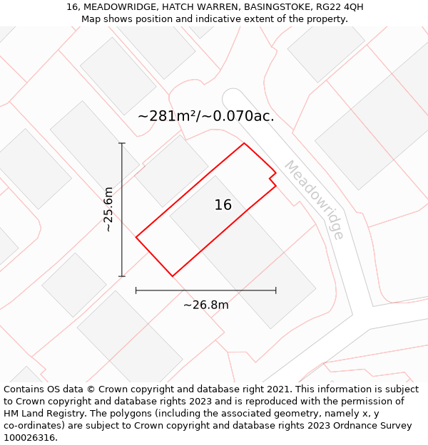 16, MEADOWRIDGE, HATCH WARREN, BASINGSTOKE, RG22 4QH: Plot and title map