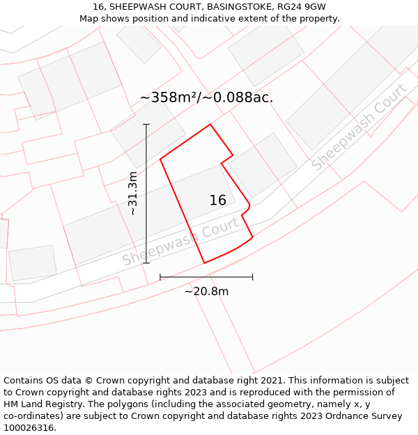 16, SHEEPWASH COURT, BASINGSTOKE, RG24 9GW: Plot and title map