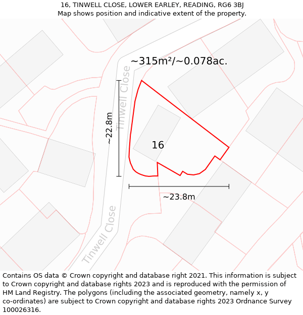16, TINWELL CLOSE, LOWER EARLEY, READING, RG6 3BJ: Plot and title map