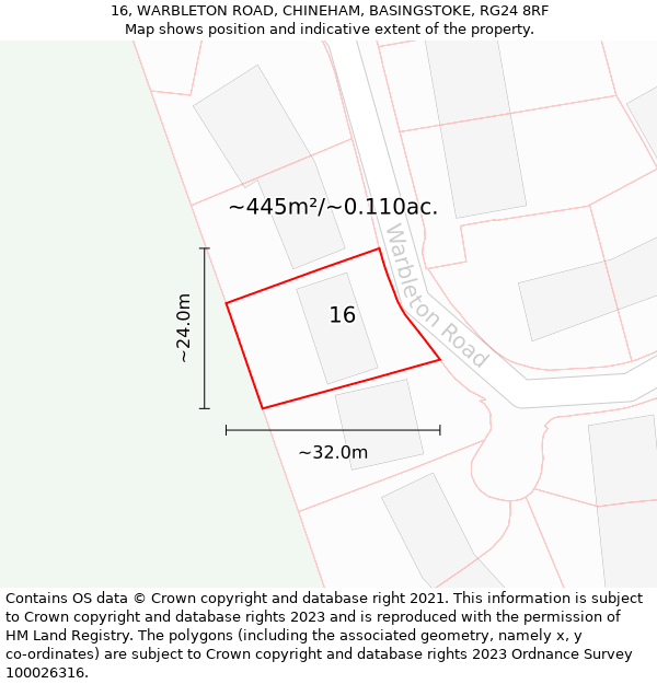 16, WARBLETON ROAD, CHINEHAM, BASINGSTOKE, RG24 8RF: Plot and title map