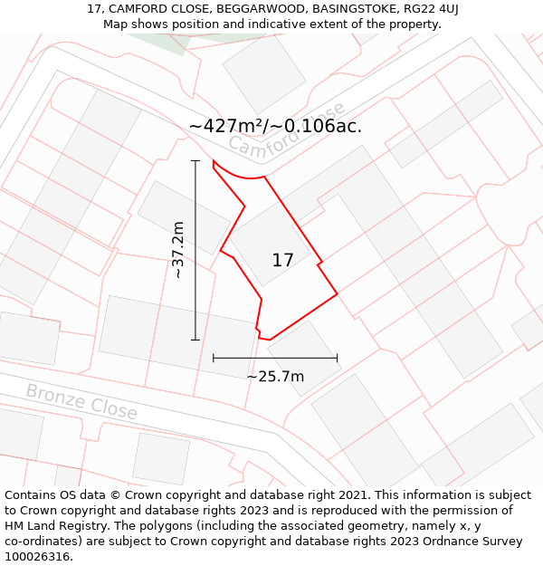 17, CAMFORD CLOSE, BEGGARWOOD, BASINGSTOKE, RG22 4UJ: Plot and title map