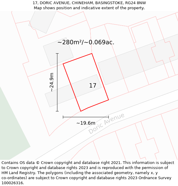 17, DORIC AVENUE, CHINEHAM, BASINGSTOKE, RG24 8NW: Plot and title map