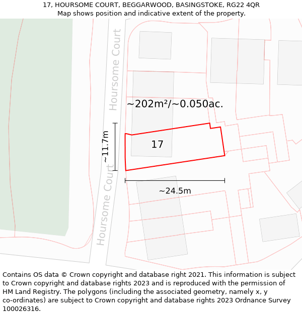 17, HOURSOME COURT, BEGGARWOOD, BASINGSTOKE, RG22 4QR: Plot and title map