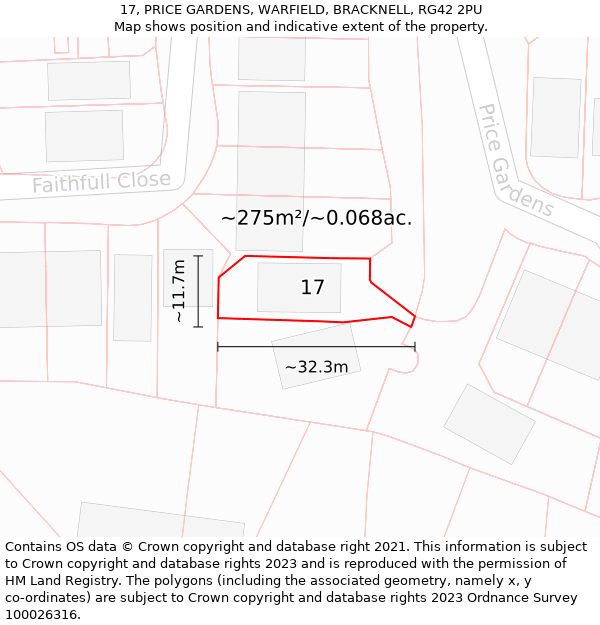 17, PRICE GARDENS, WARFIELD, BRACKNELL, RG42 2PU: Plot and title map