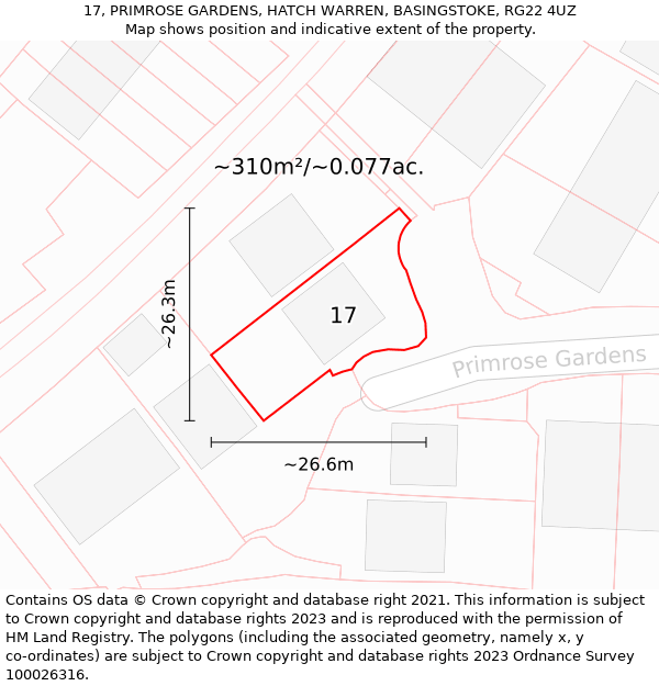 17, PRIMROSE GARDENS, HATCH WARREN, BASINGSTOKE, RG22 4UZ: Plot and title map