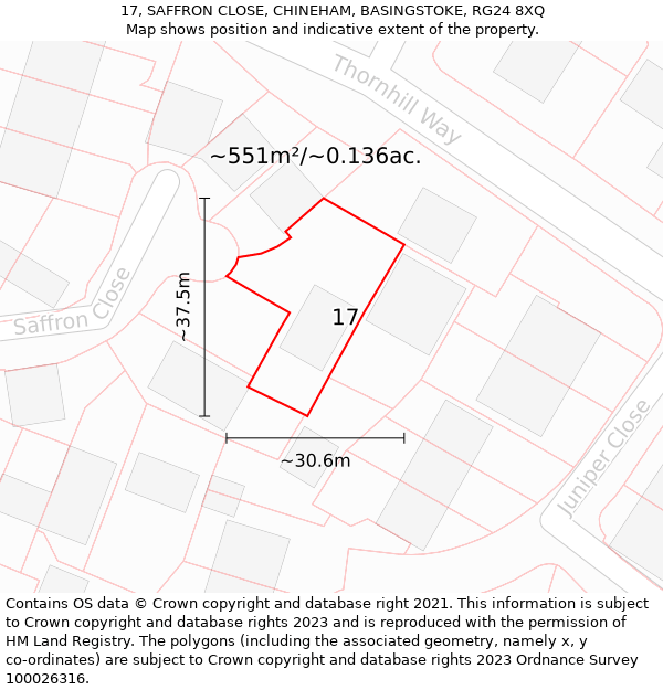 17, SAFFRON CLOSE, CHINEHAM, BASINGSTOKE, RG24 8XQ: Plot and title map