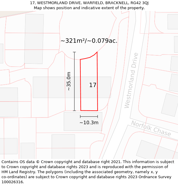 17, WESTMORLAND DRIVE, WARFIELD, BRACKNELL, RG42 3QJ: Plot and title map