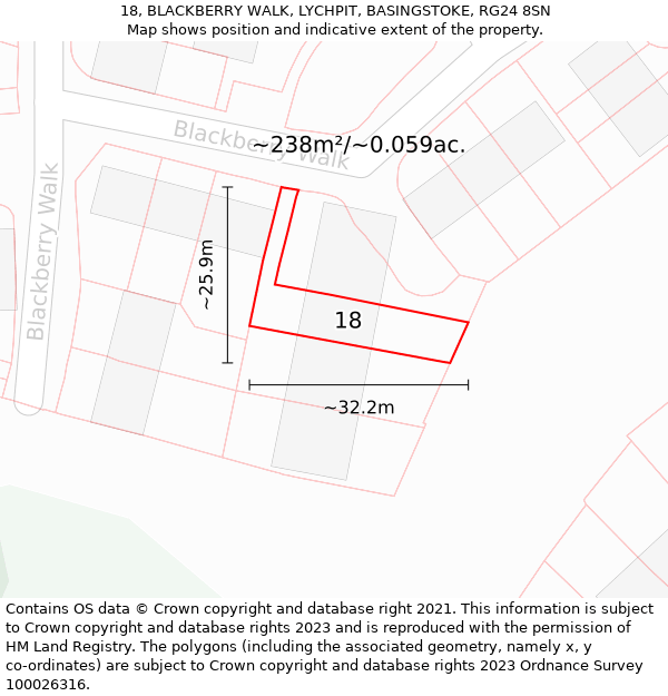 18, BLACKBERRY WALK, LYCHPIT, BASINGSTOKE, RG24 8SN: Plot and title map