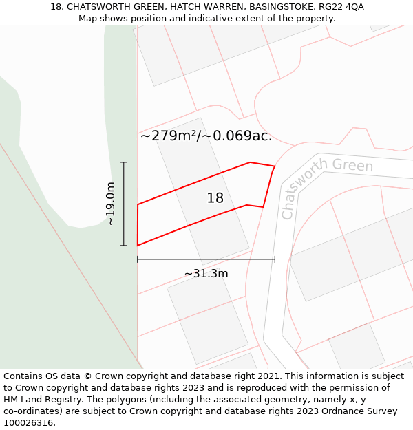 18, CHATSWORTH GREEN, HATCH WARREN, BASINGSTOKE, RG22 4QA: Plot and title map