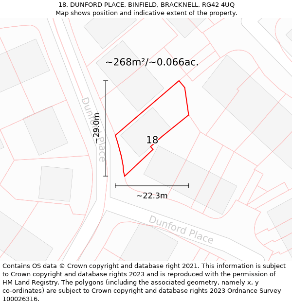 18, DUNFORD PLACE, BINFIELD, BRACKNELL, RG42 4UQ: Plot and title map