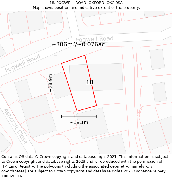 18, FOGWELL ROAD, OXFORD, OX2 9SA: Plot and title map
