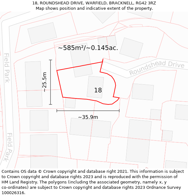 18, ROUNDSHEAD DRIVE, WARFIELD, BRACKNELL, RG42 3RZ: Plot and title map