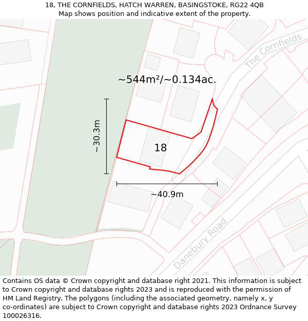 18, THE CORNFIELDS, HATCH WARREN, BASINGSTOKE, RG22 4QB: Plot and title map