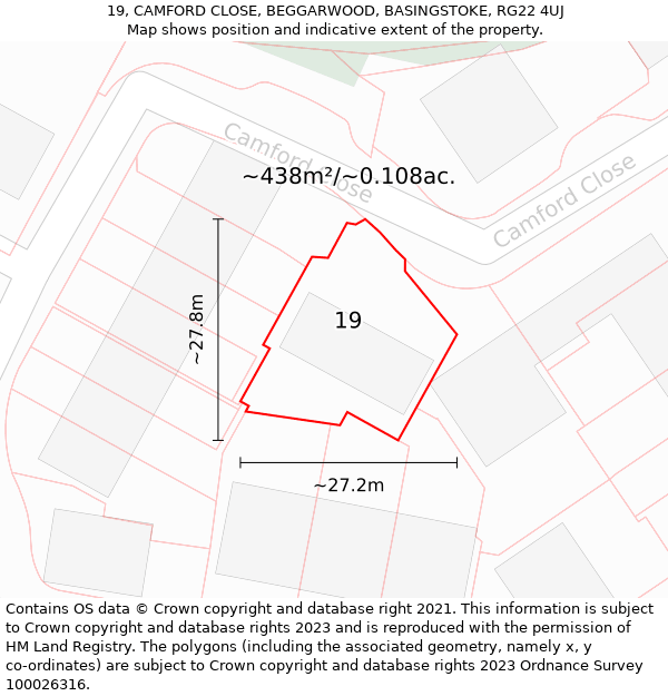 19, CAMFORD CLOSE, BEGGARWOOD, BASINGSTOKE, RG22 4UJ: Plot and title map