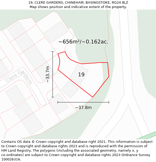 19, CLERE GARDENS, CHINEHAM, BASINGSTOKE, RG24 8LZ: Plot and title map