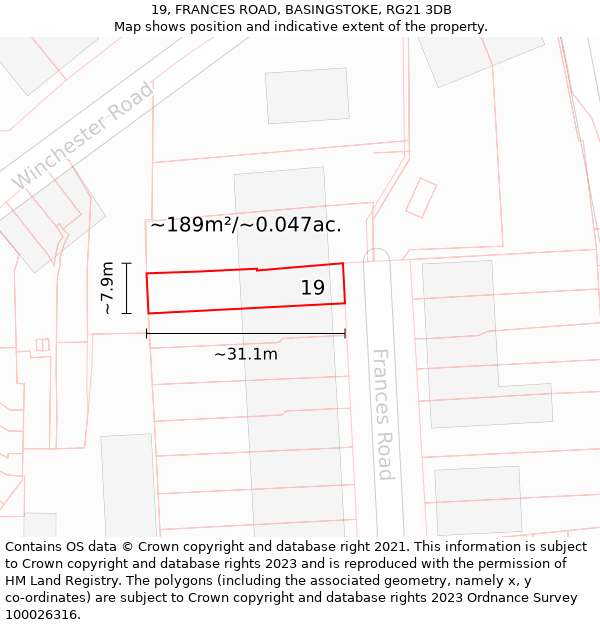 19, FRANCES ROAD, BASINGSTOKE, RG21 3DB: Plot and title map