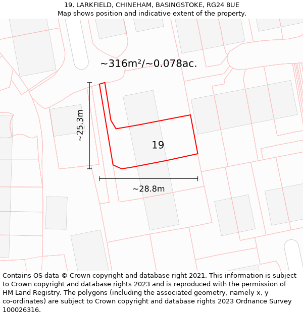 19, LARKFIELD, CHINEHAM, BASINGSTOKE, RG24 8UE: Plot and title map