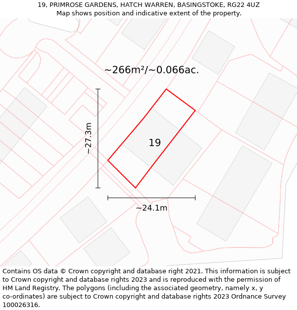 19, PRIMROSE GARDENS, HATCH WARREN, BASINGSTOKE, RG22 4UZ: Plot and title map