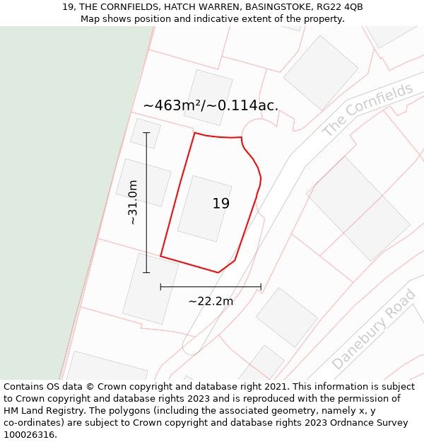 19, THE CORNFIELDS, HATCH WARREN, BASINGSTOKE, RG22 4QB: Plot and title map