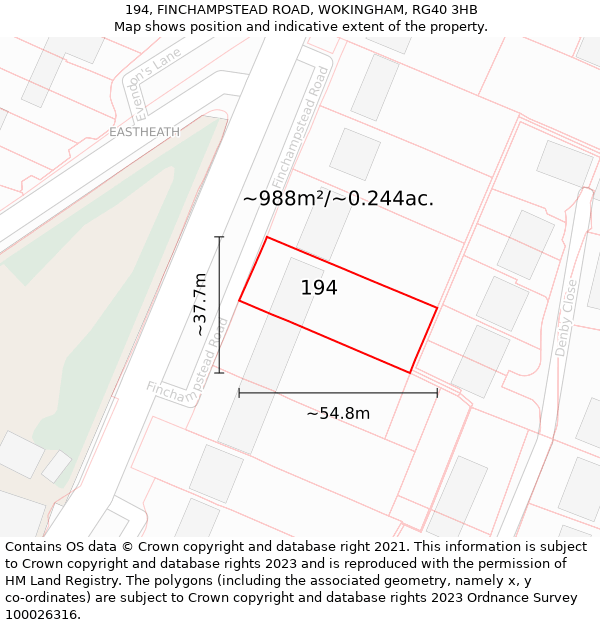 194, FINCHAMPSTEAD ROAD, WOKINGHAM, RG40 3HB: Plot and title map