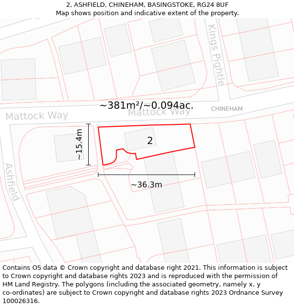 2, ASHFIELD, CHINEHAM, BASINGSTOKE, RG24 8UF: Plot and title map