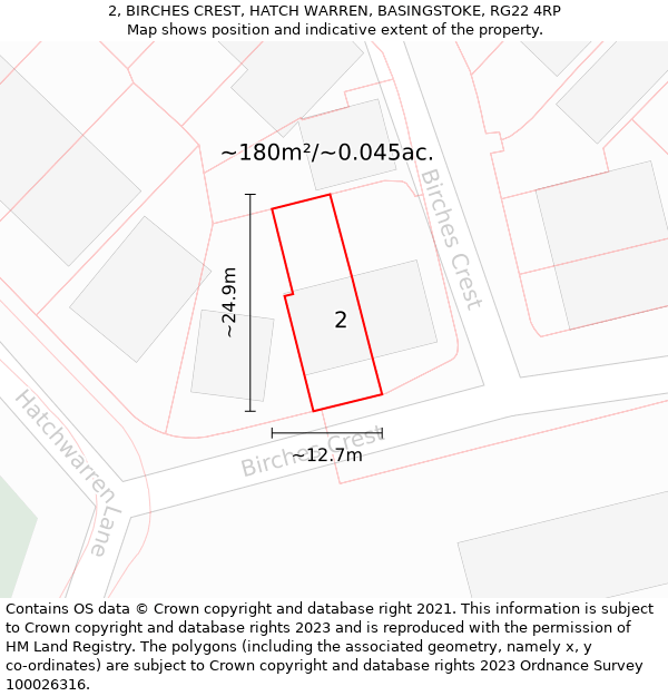 2, BIRCHES CREST, HATCH WARREN, BASINGSTOKE, RG22 4RP: Plot and title map