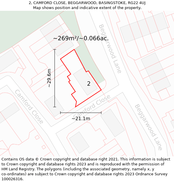 2, CAMFORD CLOSE, BEGGARWOOD, BASINGSTOKE, RG22 4UJ: Plot and title map