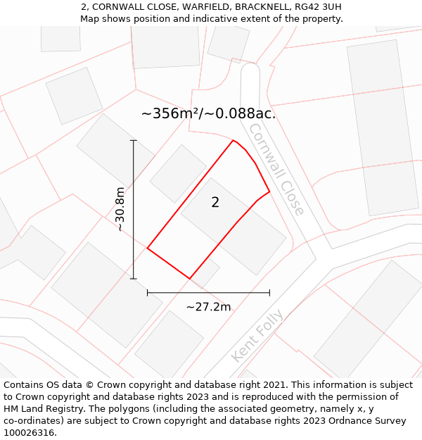 2, CORNWALL CLOSE, WARFIELD, BRACKNELL, RG42 3UH: Plot and title map