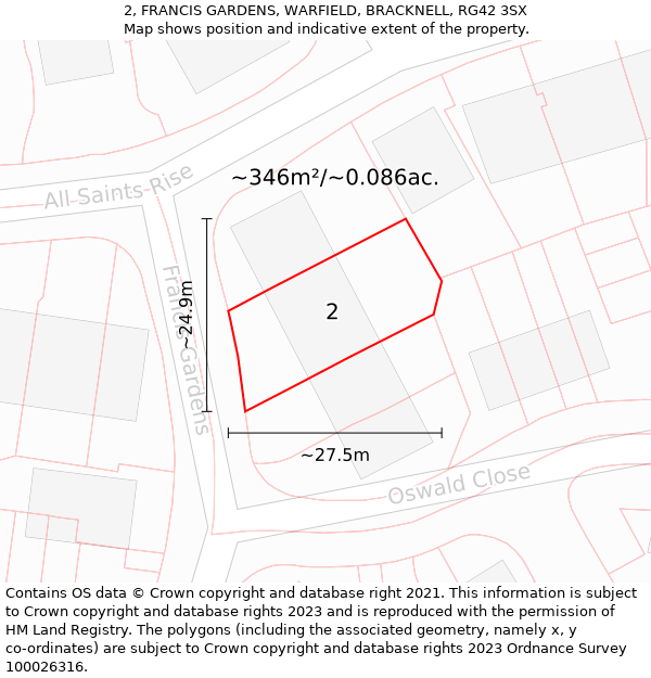 2, FRANCIS GARDENS, WARFIELD, BRACKNELL, RG42 3SX: Plot and title map