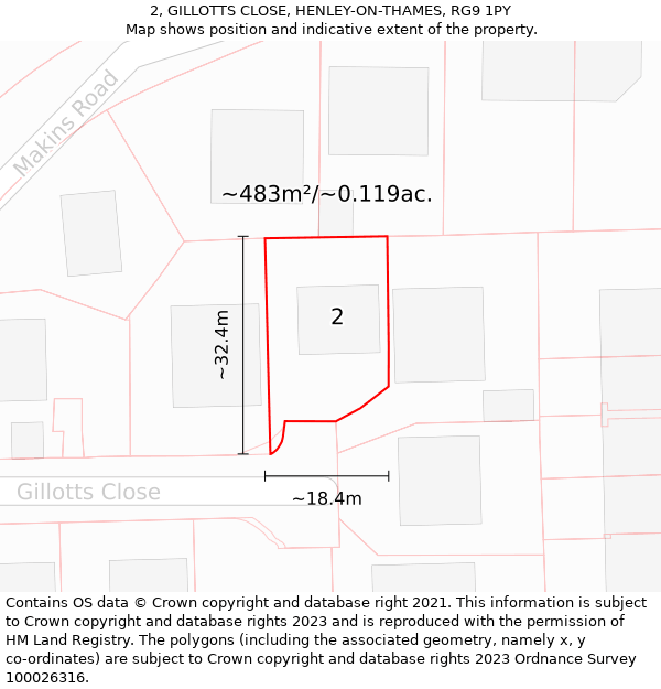 2, GILLOTTS CLOSE, HENLEY-ON-THAMES, RG9 1PY: Plot and title map