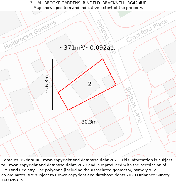 2, HALLBROOKE GARDENS, BINFIELD, BRACKNELL, RG42 4UE: Plot and title map