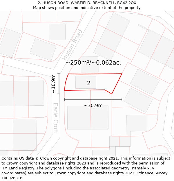 2, HUSON ROAD, WARFIELD, BRACKNELL, RG42 2QX: Plot and title map