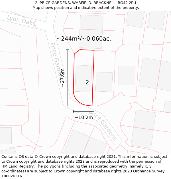 2, PRICE GARDENS, WARFIELD, BRACKNELL, RG42 2PU: Plot and title map