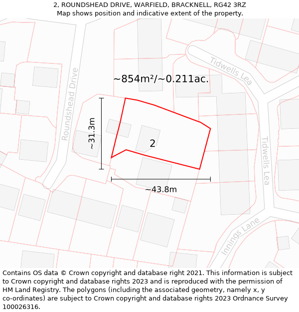 2, ROUNDSHEAD DRIVE, WARFIELD, BRACKNELL, RG42 3RZ: Plot and title map