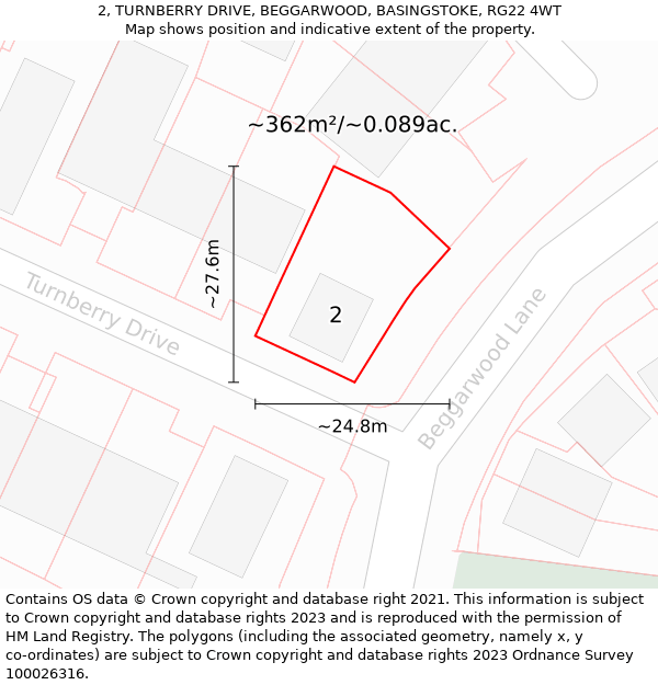 2, TURNBERRY DRIVE, BEGGARWOOD, BASINGSTOKE, RG22 4WT: Plot and title map