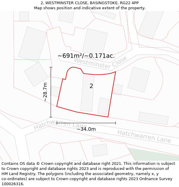 2, WESTMINSTER CLOSE, BASINGSTOKE, RG22 4PP: Plot and title map