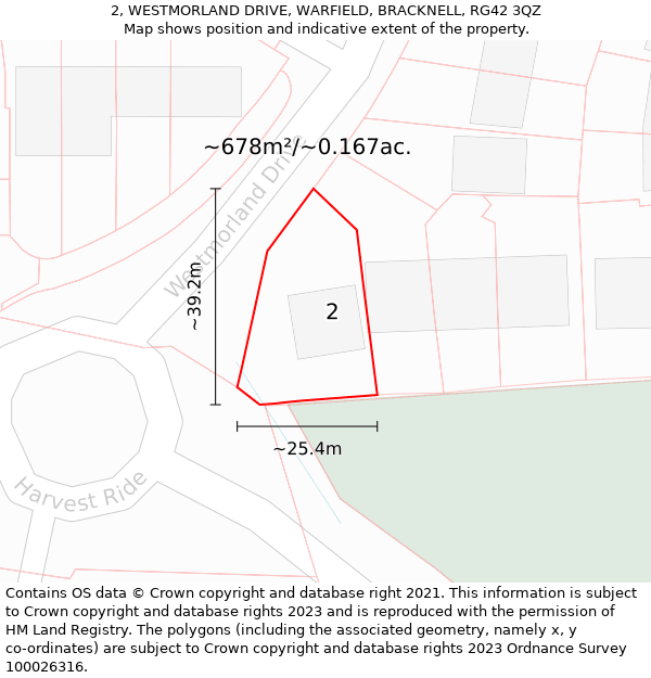 2, WESTMORLAND DRIVE, WARFIELD, BRACKNELL, RG42 3QZ: Plot and title map