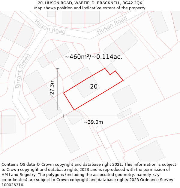 20, HUSON ROAD, WARFIELD, BRACKNELL, RG42 2QX: Plot and title map