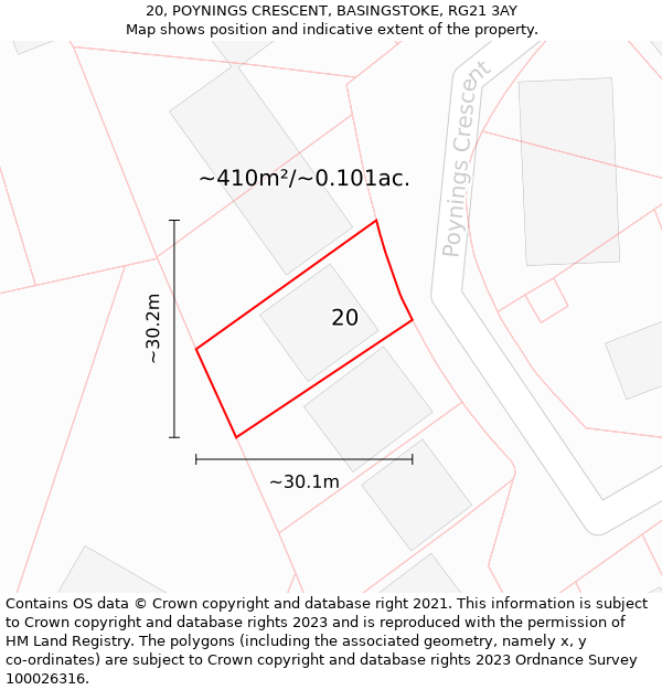 20, POYNINGS CRESCENT, BASINGSTOKE, RG21 3AY: Plot and title map